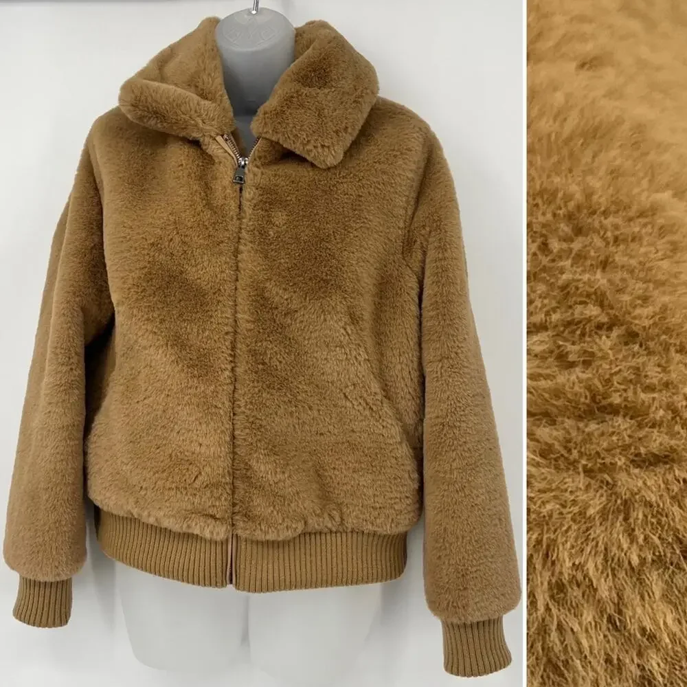 BANANA REPUBLIC Tan Teddy Puffy Faux Shearling Fur Jacket Zip Front Size Small - Picture 2 of 10